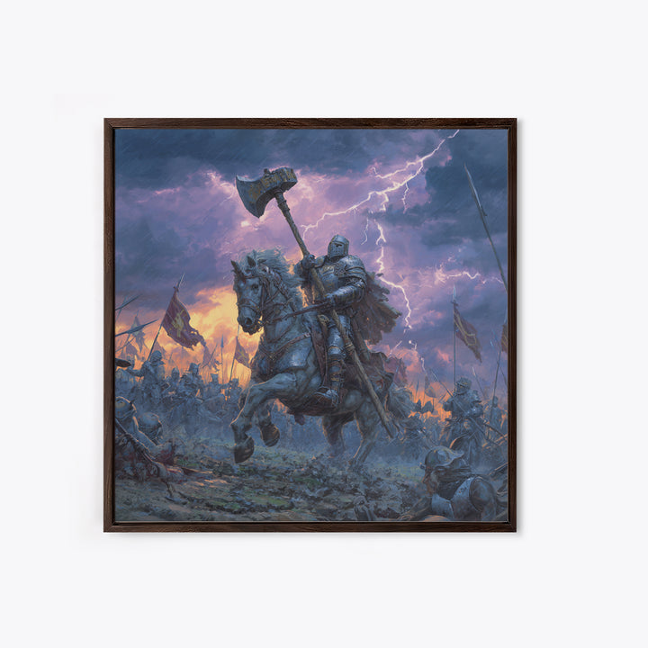 Mounted Knight With War Axe Wall Art, Medieval Battle Canvas Print, Stormy Fantasy Decor, Gothic Warrior Gift For Him Print