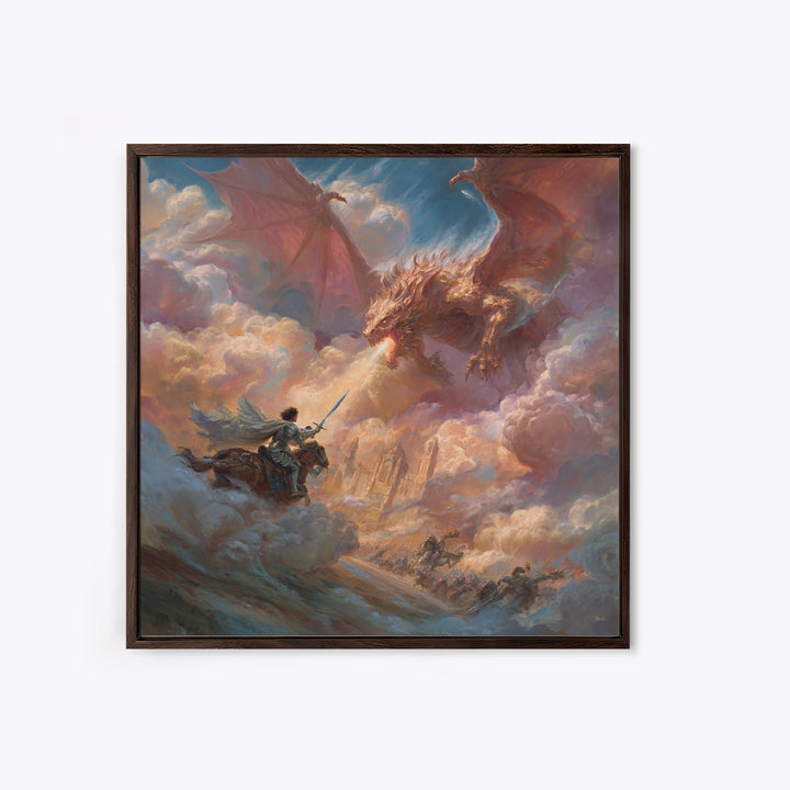 Hero Knight Facing Twin Dragons Wall Art, Epic Fantasy Canvas Print, Dragon Battle Decor, Medieval Adventure Gift For Him