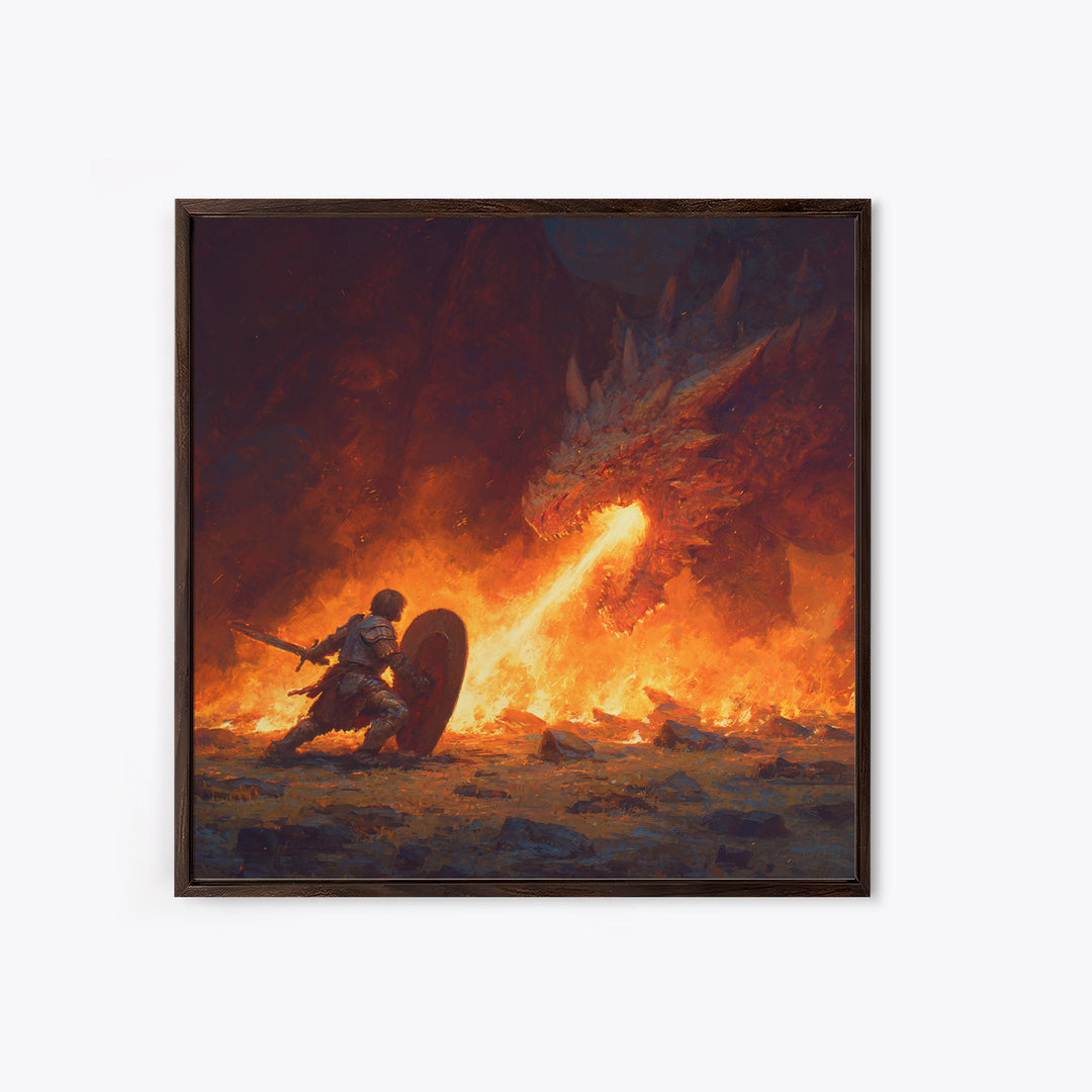 Knight Shielding From Dragon Fire Wall Art, Fantasy Canvas Print, Medieval Battle Decor, Gothic Warrior Gift For Him Print