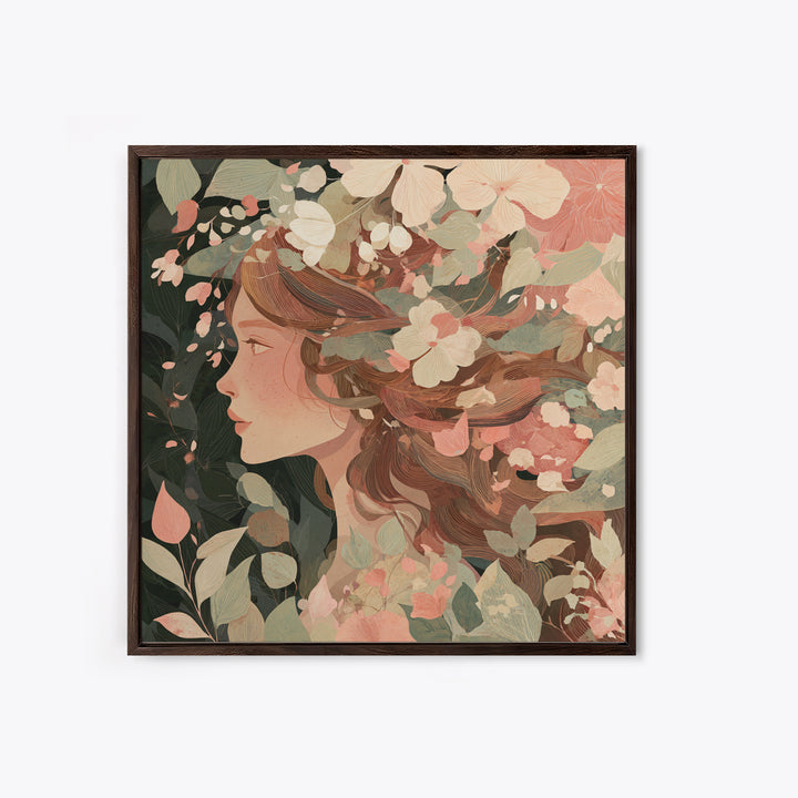 Botanical Woman Profile With Flowing Hair And Cream Flowers Wall Art, Art Nouveau Floral Print, Feminine Boho Living Room Decor Gift