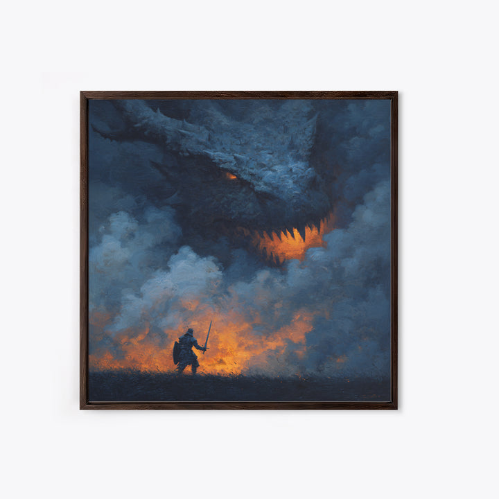 Dragon Looming Over Lone Knight In Smoke, Dark Fantasy Wall Art, Medieval Warrior Canvas Print, Gothic Game Room Decor Gift