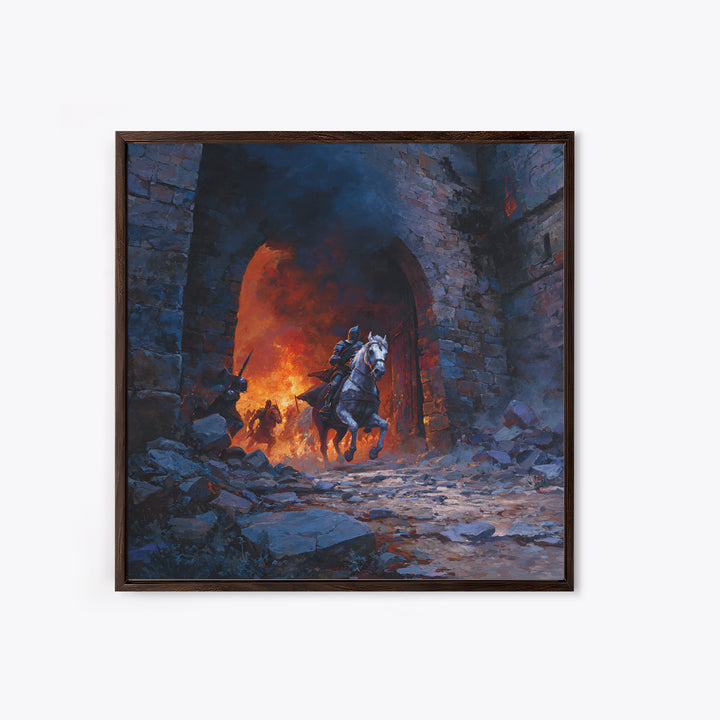 Mounted Knight Escaping Burning Castle Gate, Dark Fantasy Wall Art, Medieval Battle Canvas Print, Gothic Living Room Decor