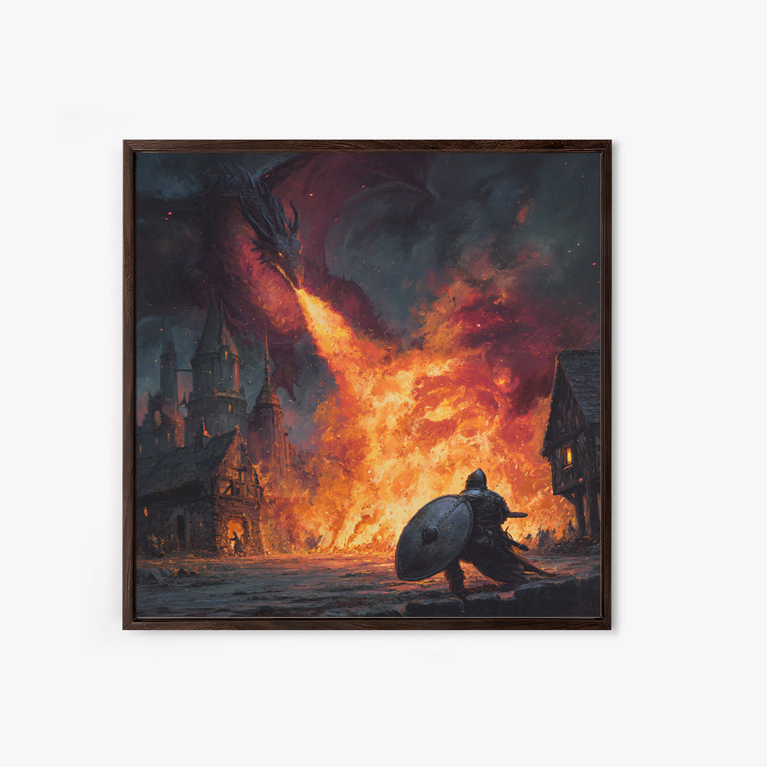 Fire Breathing Dragon Above Shielded Knight, Dark Fantasy Wall Art, Medieval Village Canvas Print, Gothic Castle Decor Gift