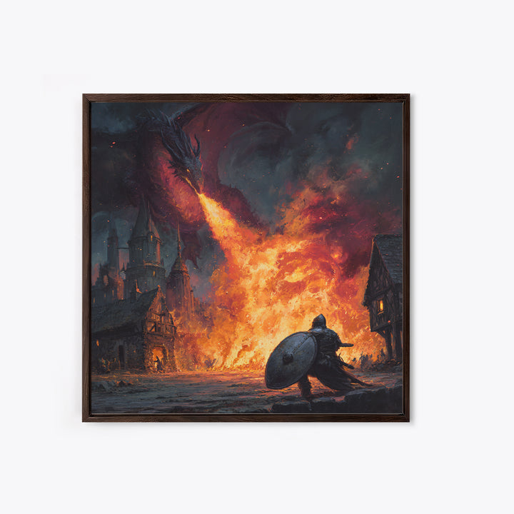 Fire Breathing Dragon Above Shielded Knight, Dark Fantasy Wall Art, Medieval Village Canvas Print, Gothic Castle Decor Gift