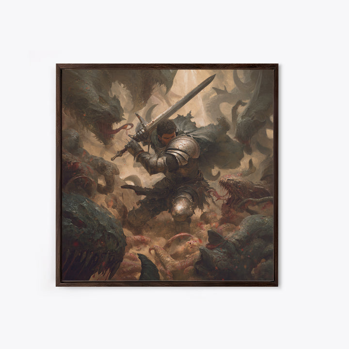 Armored Warrior Battling Monsters With Sword, Dark Fantasy Wall Art, Medieval Knight Canvas Print, Gothic Dungeon Decor Gift