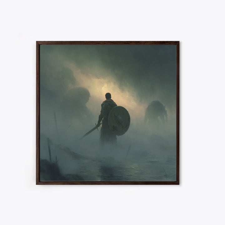 Lone Knight Facing Shadow Giants In Fog, Moody Fantasy Wall Art, Medieval Warrior Canvas Print, Dark Academia Decor Gift
