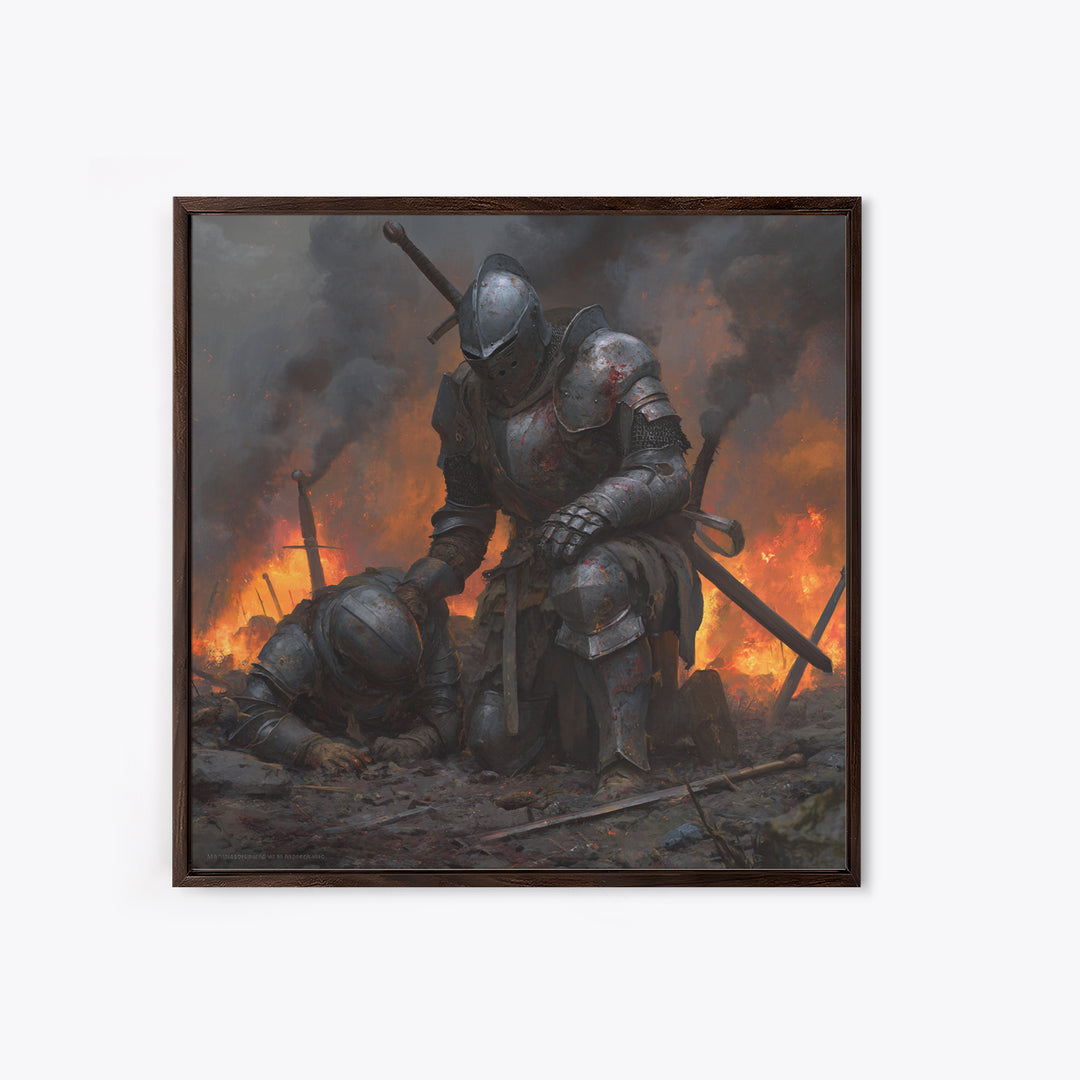 Bloodied Knight Kneeling On Fiery Battlefield, Dark Fantasy Wall Art, Medieval Armor Canvas Print, Gothic Warrior Decor Gift