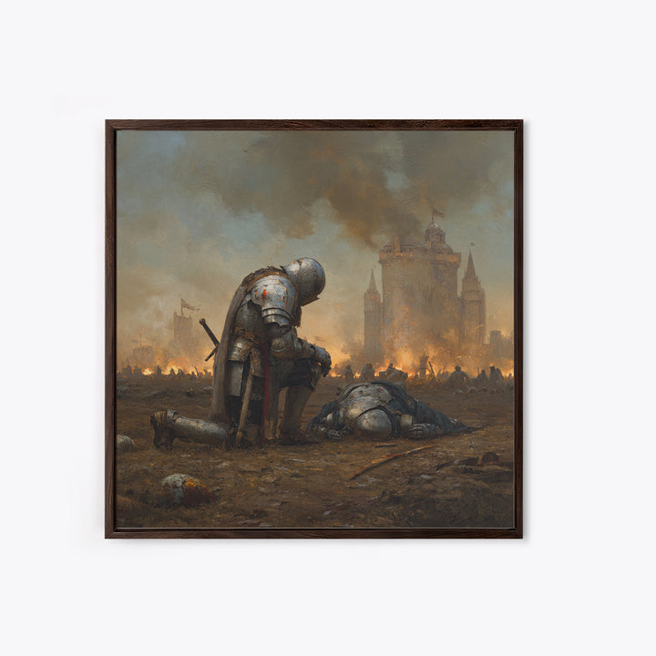 Kneeling Knight In War Torn Field By Castle, Medieval Wall Art, Dark Fantasy Canvas Print, Moody Living Room Decor Gift For Him