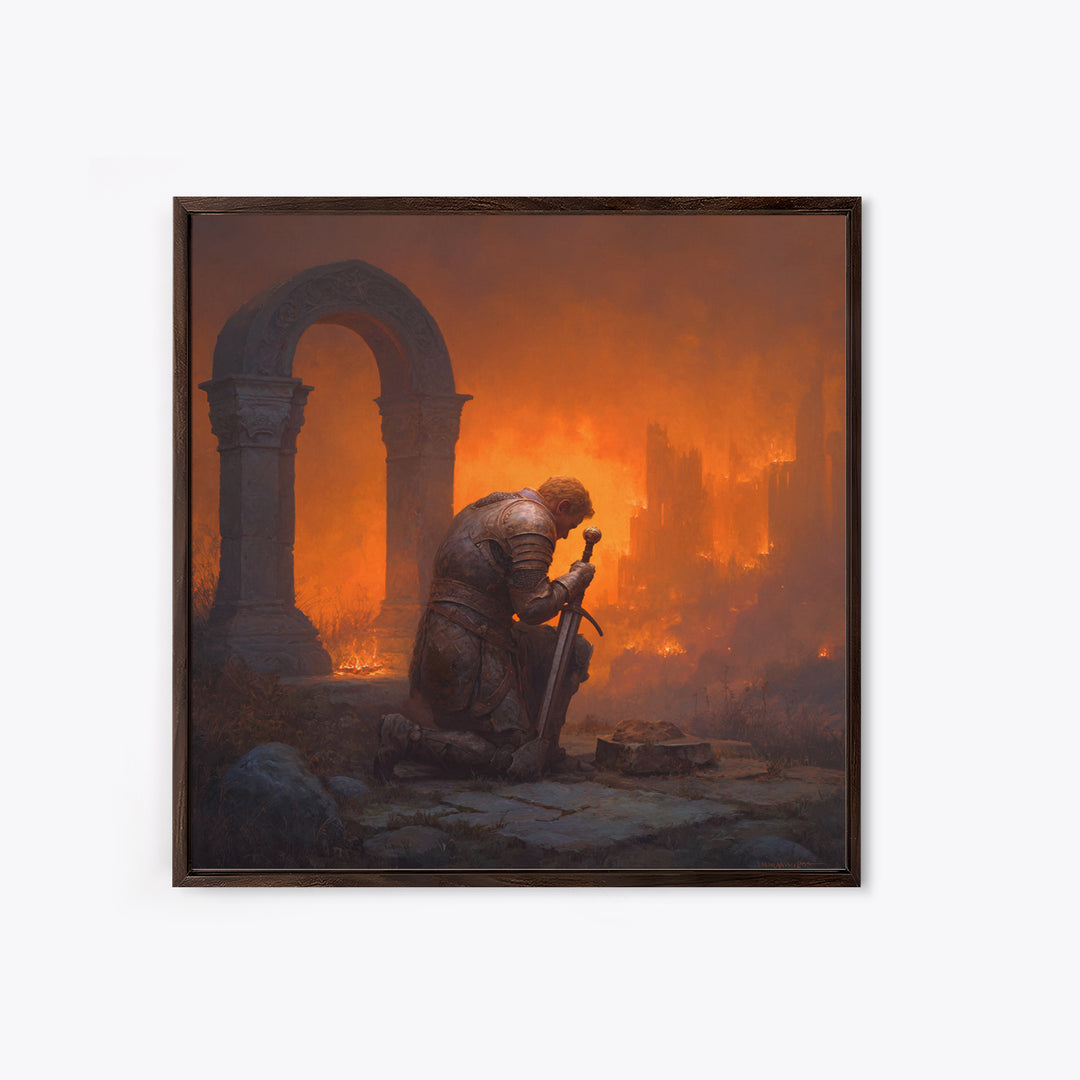 Knight Praying Beside Sword In Burning Ruins, Dark Fantasy Wall Art, Medieval Canvas Print, Gothic Castle Decor Gift For Him