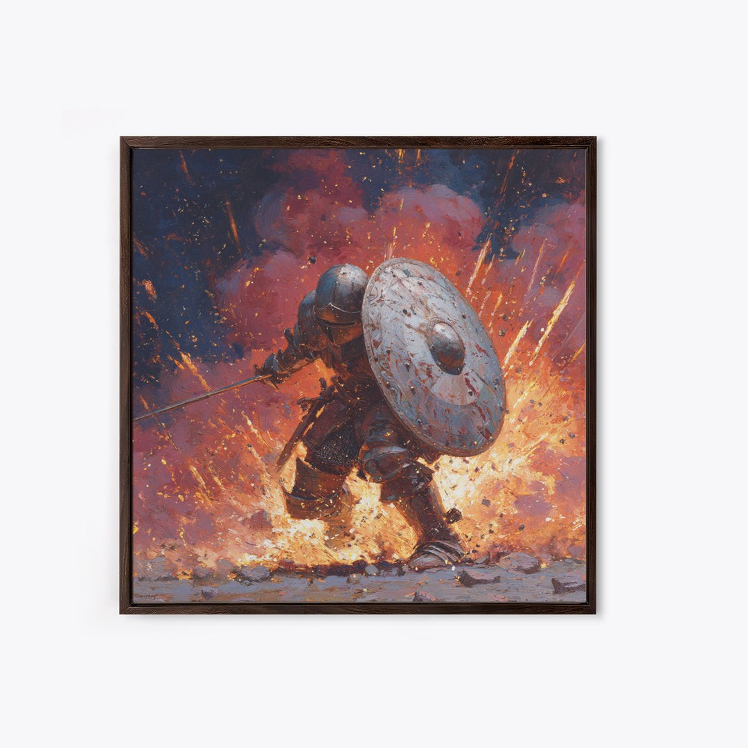 Shielded Knight Charging Through Exploding Fire, Dark Fantasy Wall Art, Medieval Battle Canvas Print, Gothic Game Room Decor