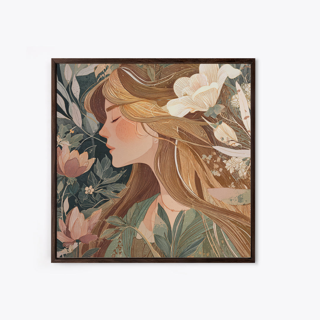 Blonde Woman In Blooming Garden Wall Art, Art Nouveau Floral Canvas Print, Feminine Botanical Decor, Romantic Bedroom Art