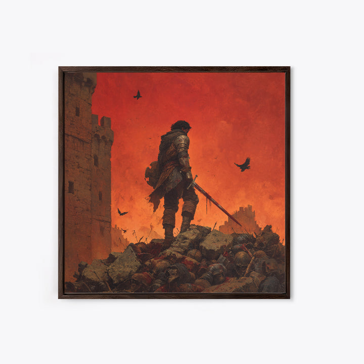 Lone Medieval Warrior On Red Battlefield Wall Art, Dark Fantasy Castle Canvas, Gothic Knight Decor, Dramatic Game Room Print