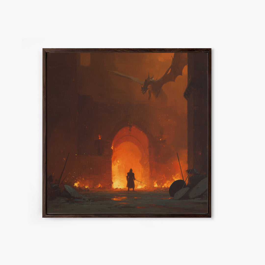 Dragon Above Burning Castle Gate Framed Canvas Print, Dark Fantasy Wall Art, Medieval Warrior Decor, Gothic Game Room Poster