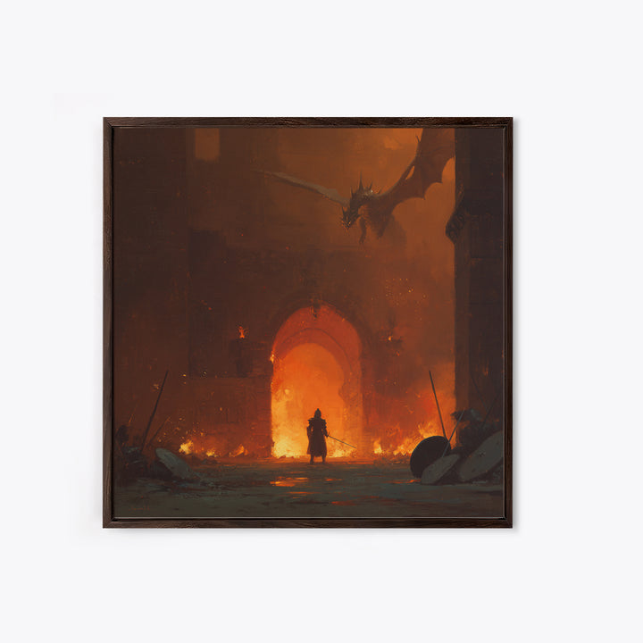Dragon Above Burning Castle Gate Framed Canvas Print, Dark Fantasy Wall Art, Medieval Warrior Decor, Gothic Game Room Poster