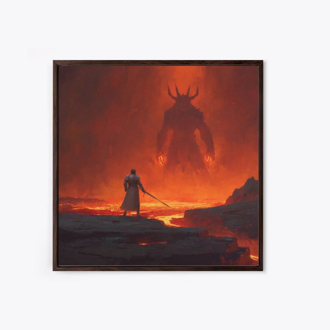 Knight Facing Fiery Demon In Lava Realm Canvas Print, Dark Fantasy Wall Art, Gothic Battle Decor, Epic Gaming Room Poster