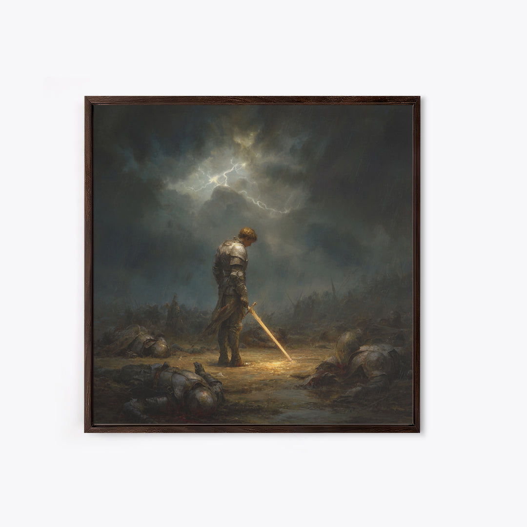 Stormlit Knight With Glowing Sword Wall Art, Dark Fantasy Battlefield Print, Gothic Medieval Decor, Dramatic Office Wall Art