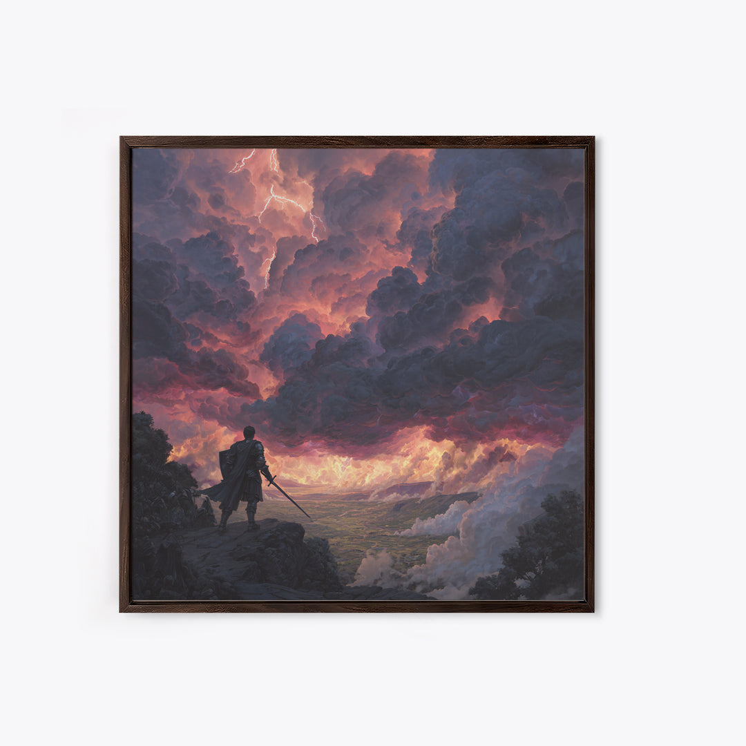 Warrior Beneath Thundercloud Sky Canvas Print, Dramatic Fantasy Landscape Wall Art, Lightning Storm Decor, Moody Wall Decor