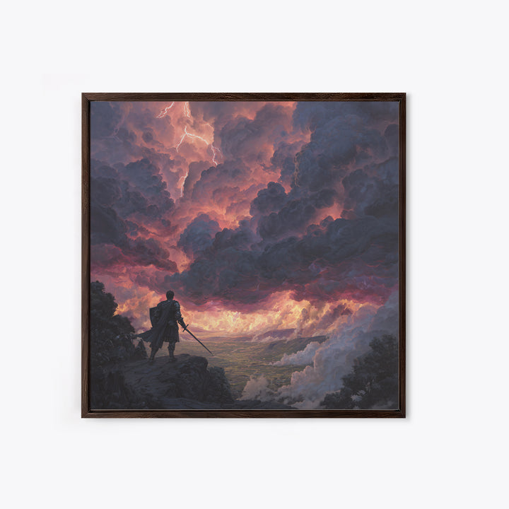 Warrior Beneath Thundercloud Sky Canvas Print, Dramatic Fantasy Landscape Wall Art, Lightning Storm Decor, Moody Wall Decor