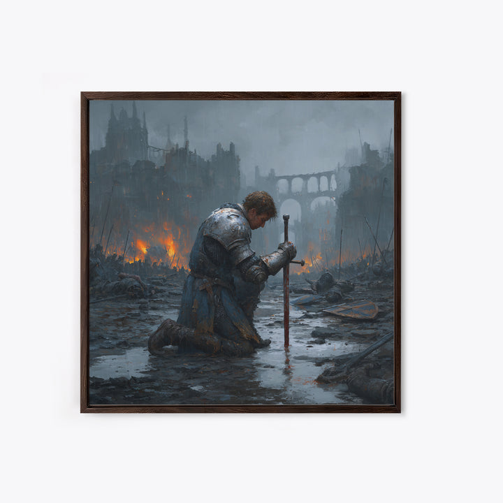 Kneeling Knight In Rainy Ruins Framed Canvas Print, Dark Fantasy Wall Art, Medieval Castle Decor, Moody Battlefield Art Print