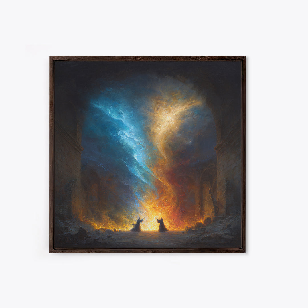 Twin Mages Casting Blue Gold Spell Canvas Print, Fantasy Magic Wall Art, Mystical Abstract Energy Decor, Wizard Wall Art