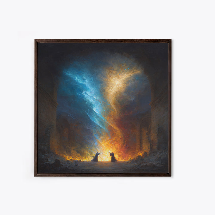 Twin Mages Casting Blue Gold Spell Canvas Print, Fantasy Magic Wall Art, Mystical Abstract Energy Decor, Wizard Wall Art