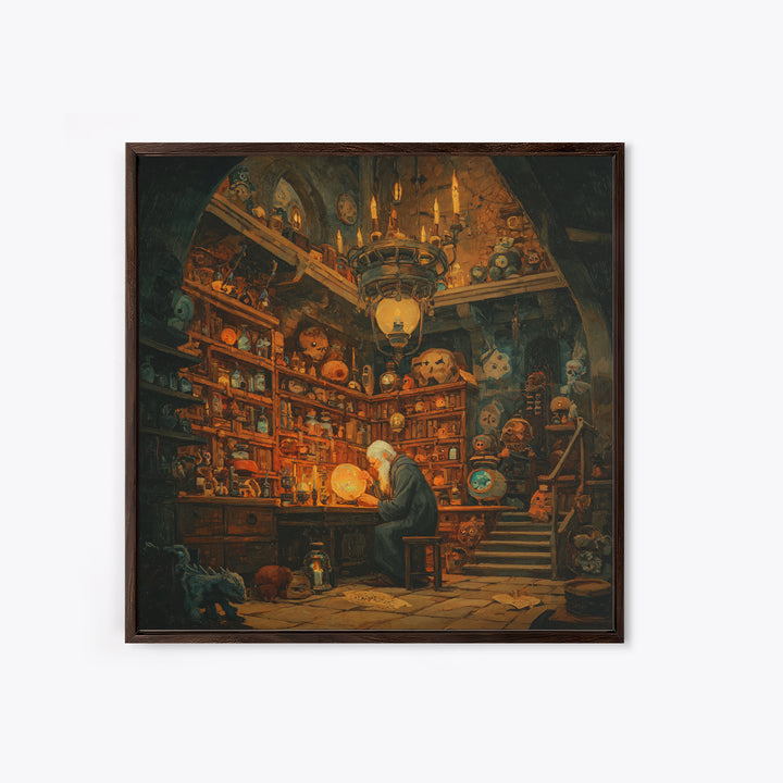 Old Wizard In Magical Curiosity Shop Wall Art, Fantasy Library Decor, Whimsical Alchemist Canvas, Dark Academia Home Decor Print