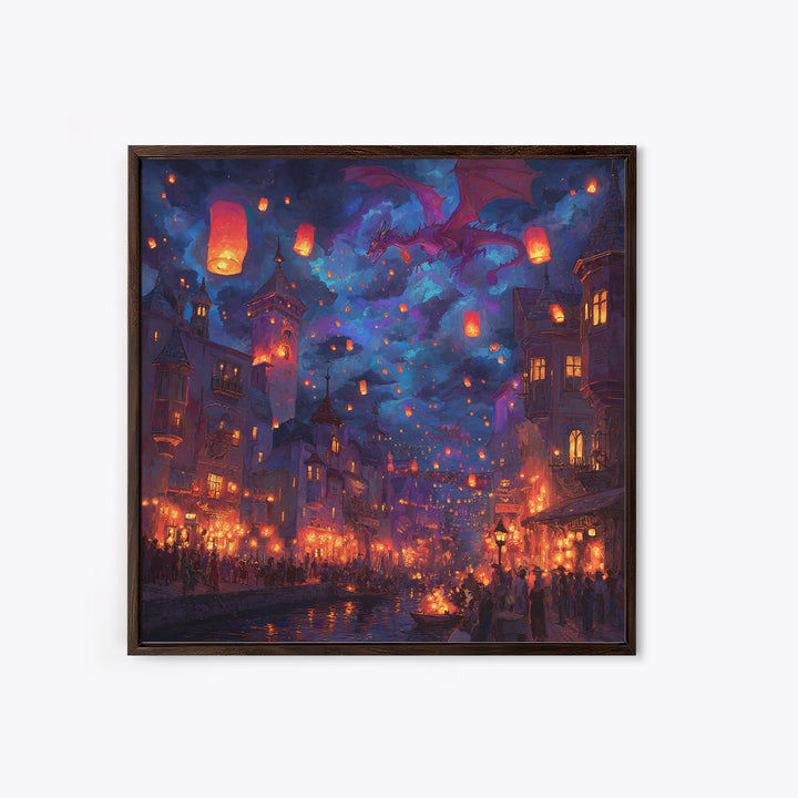 Purple Dragon Over Lantern Festival Wall Art, Whimsical Fantasy City Canvas, Magical Night Decor, Colorful Kids Room Poster