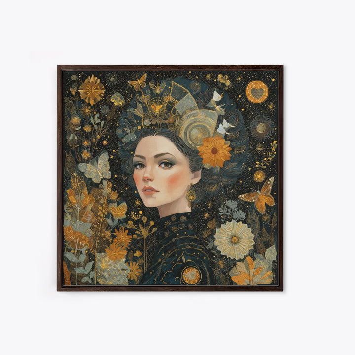 Art Nouveau Woman With Gold Flowers Canvas Print, Feminine Celestial Wall Art, Botanical Portrait Decor, Elegant Gift For Her