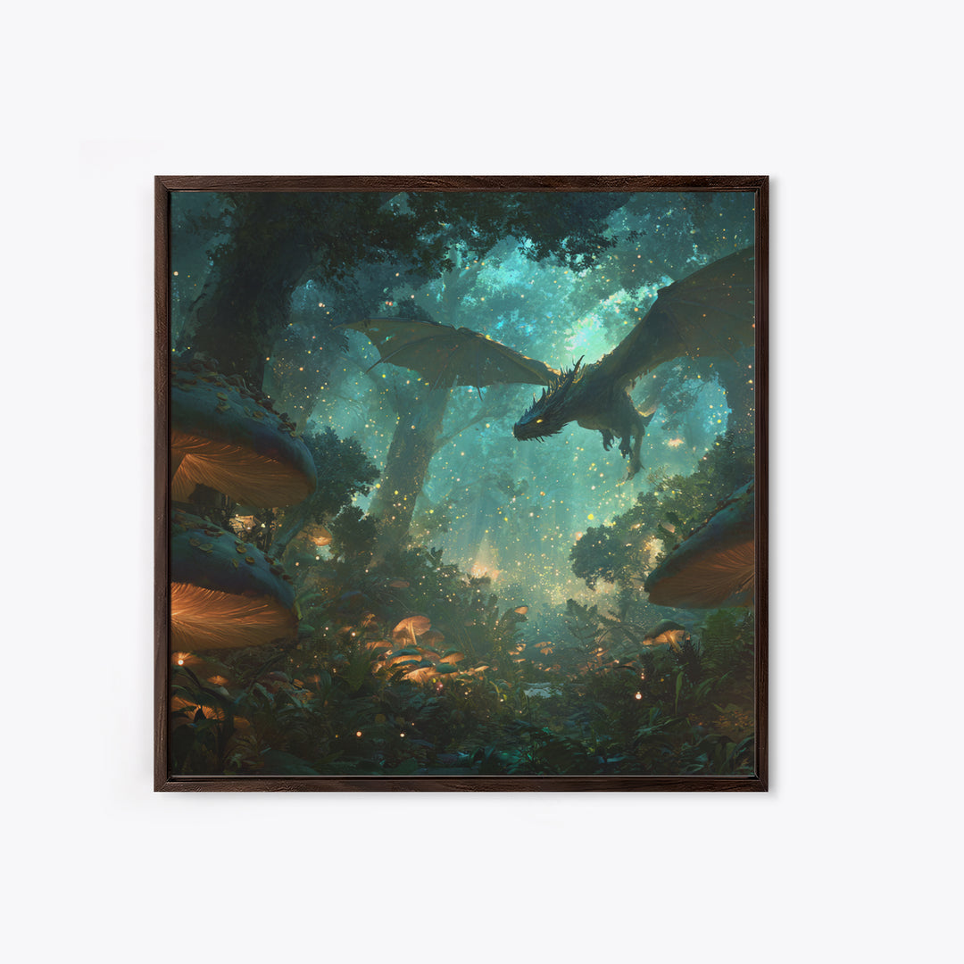 Enchanted Forest Dragon With Glowing Mushrooms Wall Art, Fantasy Canvas Print, Magical Woodland Decor, Gamer Room Decor Gift