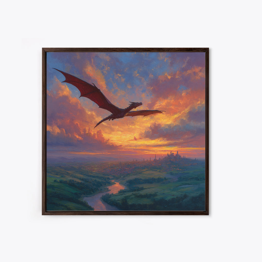 Red Dragon Flying Over Sunset Kingdom Canvas Print, Fantasy Landscape Wall Art, Castle Decor, Epic Gamer Room Gift For Him