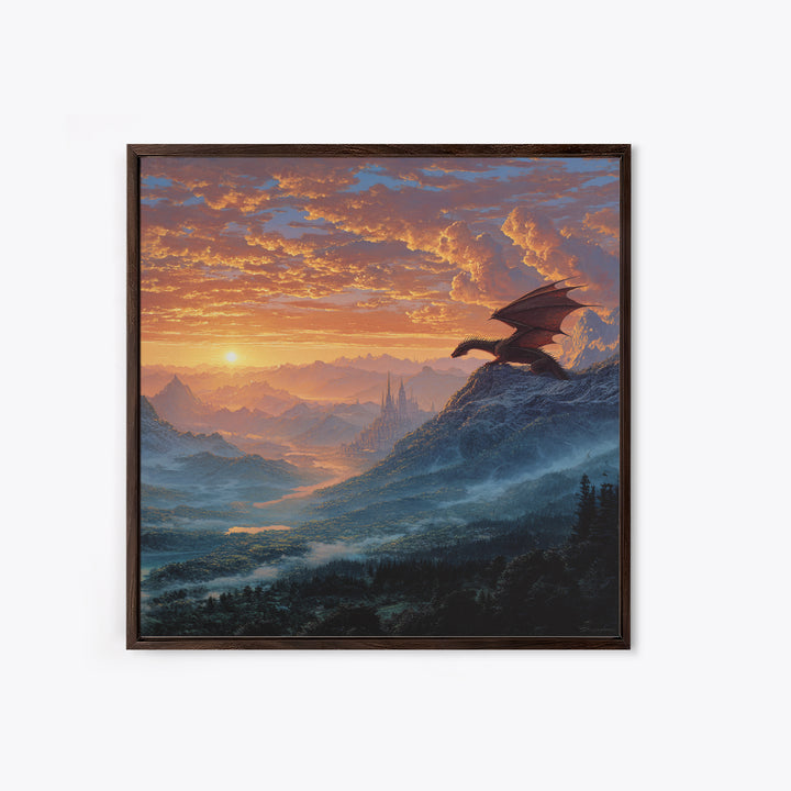 Mountain Dragon Watching Sunrise Kingdom Wall Art, Fantasy Landscape Canvas Print, Castle Decor, Epic Adventure Gift For Gamers
