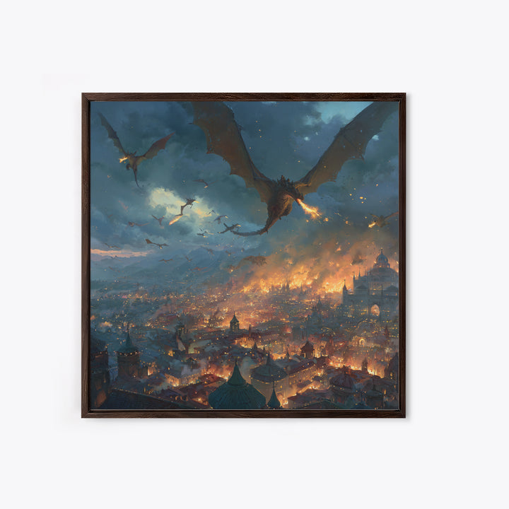 Fire Breathing Dragons Attacking Burning City Canvas Print, Dark Fantasy Wall Art, Medieval Battle Decor, Gamer Room Gift
