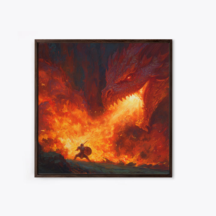 Red Dragon Breathing Fire At Brave Knight Wall Art, Dark Fantasy Canvas Print, Epic Medieval Battle Decor, Gamer Gift For Him