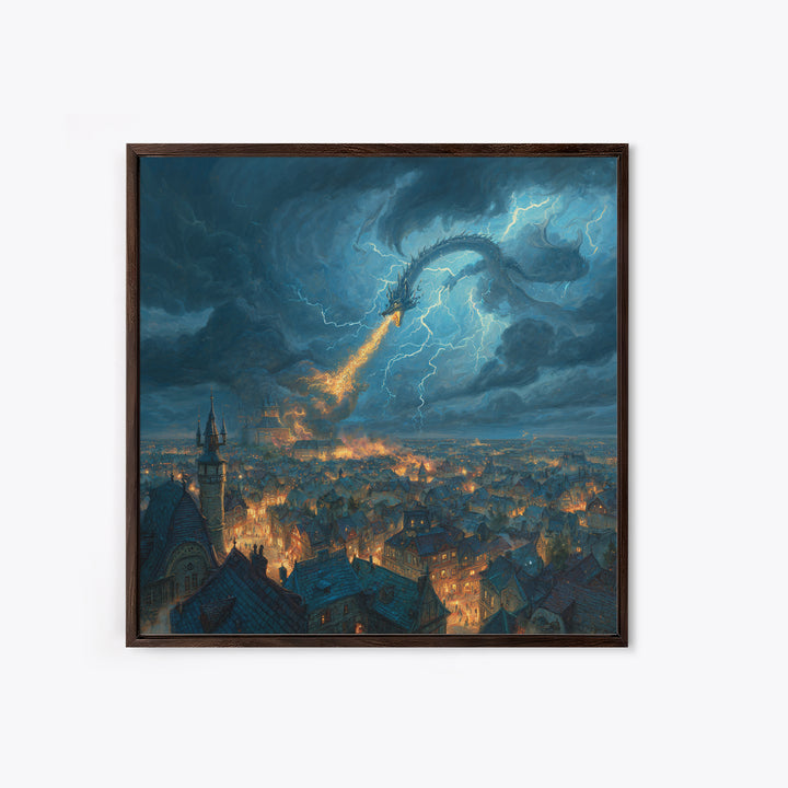 Lightning Dragon Over Stormy Medieval City Canvas Print, Dark Fantasy Wall Art, Dramatic Castle Decor, Gamer Room Gift For Him