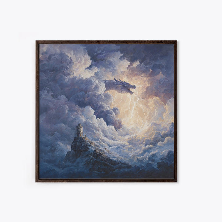 Storm Cloud Dragon With Lightning Above Lonely Tower Wall Art, Dark Fantasy Canvas Print, Gothic Castle Decor, Moody Art Gift