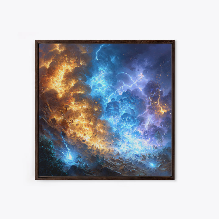 Blue And Gold Elemental Storm Battle Wall Art, Fantasy Canvas Print, Lightning Fire Landscape, Dramatic Gamer Room Decor