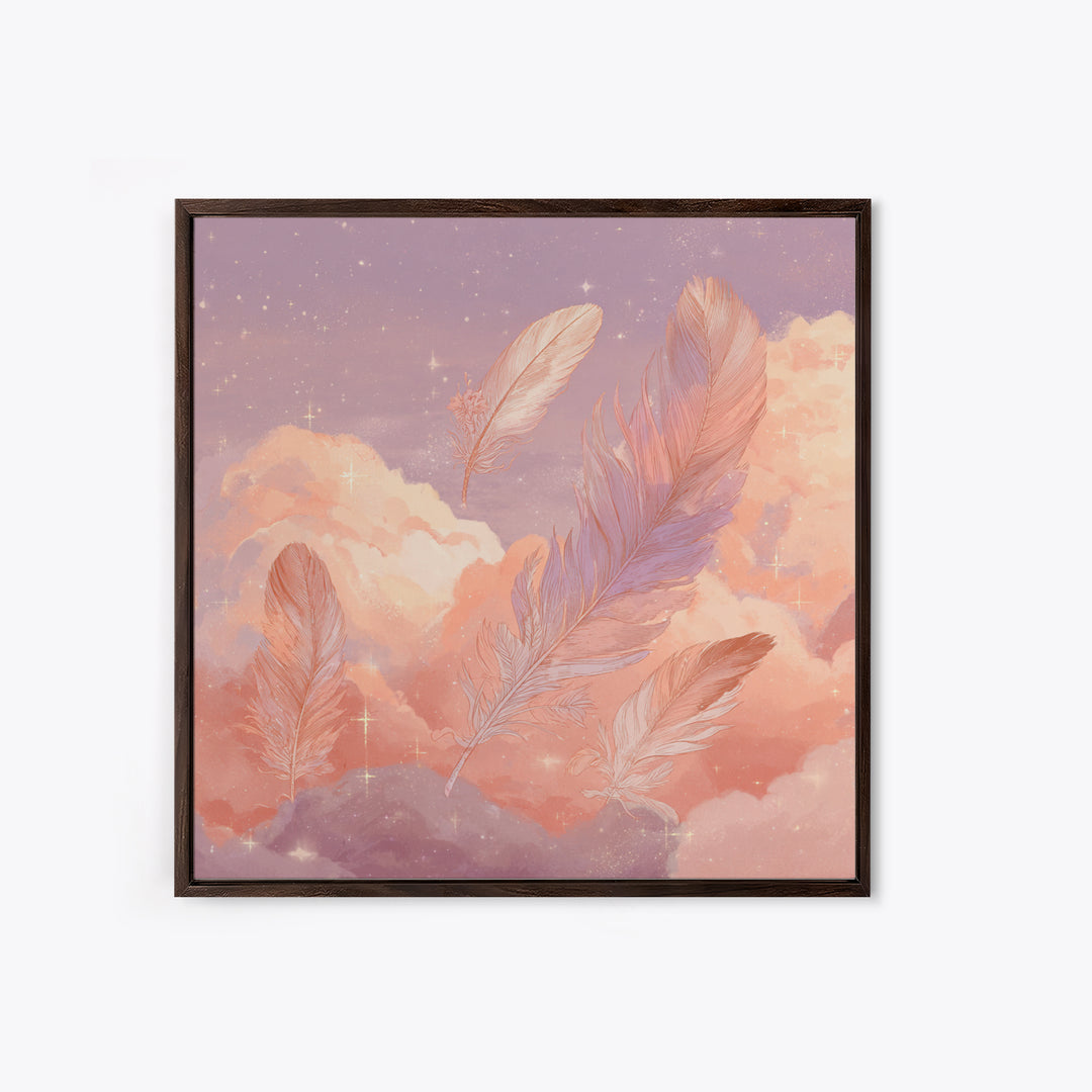 Pink Feathers Floating In Peach Clouds Canvas Print, Celestial Wall Decor, Dreamy Pastel Nursery Art, Whimsical Gift For Her