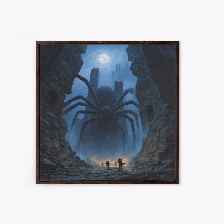 Giant Spider In Moonlit Ruins Wall Art, Dark Fantasy Canvas Print, Gothic Dungeon Decor, Creepy Adventure Gift For Gamers