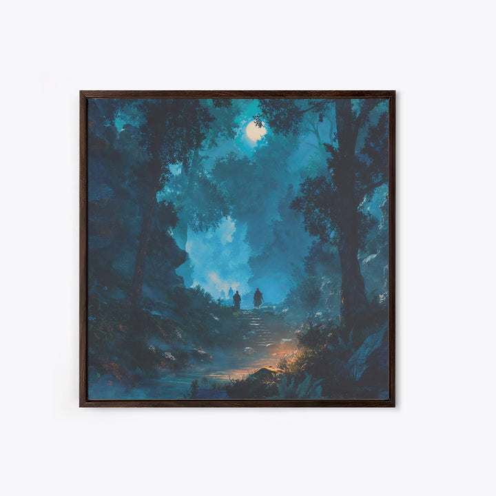 Moonlit Blue Forest Path Wall Art, Fantasy Canvas Print, Mystical Landscape Decor, Calming Adventure Gift For Nature Lovers