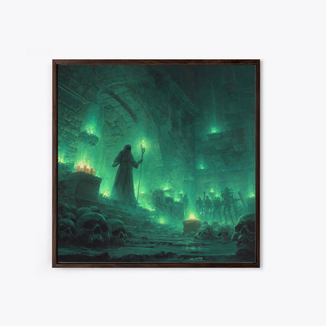 Necromancer Crypt With Skulls Wall Art, Dark Fantasy Canvas Print, Gothic Dungeon Decor, Witchy Occult Art Gift For Man Cave