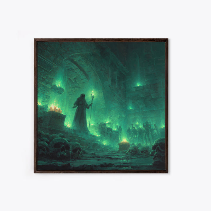 Necromancer Crypt With Skulls Wall Art, Dark Fantasy Canvas Print, Gothic Dungeon Decor, Witchy Occult Art Gift For Man Cave