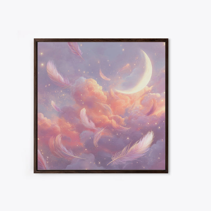 Crescent Moon And Floating Feathers Framed Canvas Print, Celestial Wall Art, Dreamy Cloud Decor, Pastel Nursery Gift For Her