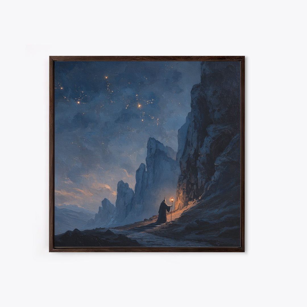 Lone Wizard On Starlit Mountain Path Canvas Print, Moody Fantasy Landscape Art, Dark Academia Office Wall Decor For Study Room