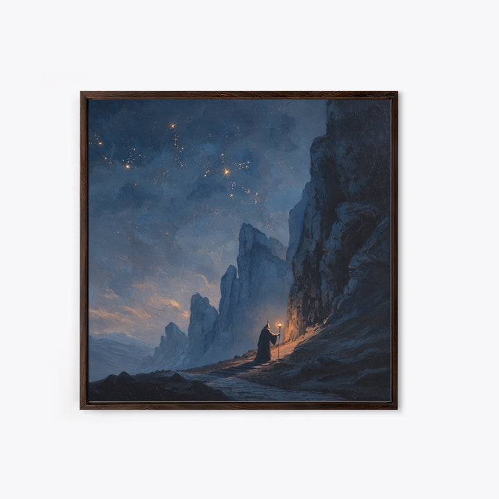 Lone Wizard On Starlit Mountain Path Canvas Print, Moody Fantasy Landscape Art, Dark Academia Office Wall Decor For Study Room