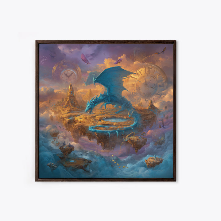 Blue Dragon Over Floating Clockwork Islands Wall Art, Epic Fantasy Canvas Print, Surreal Sky Castle Gaming Room Decor Gift