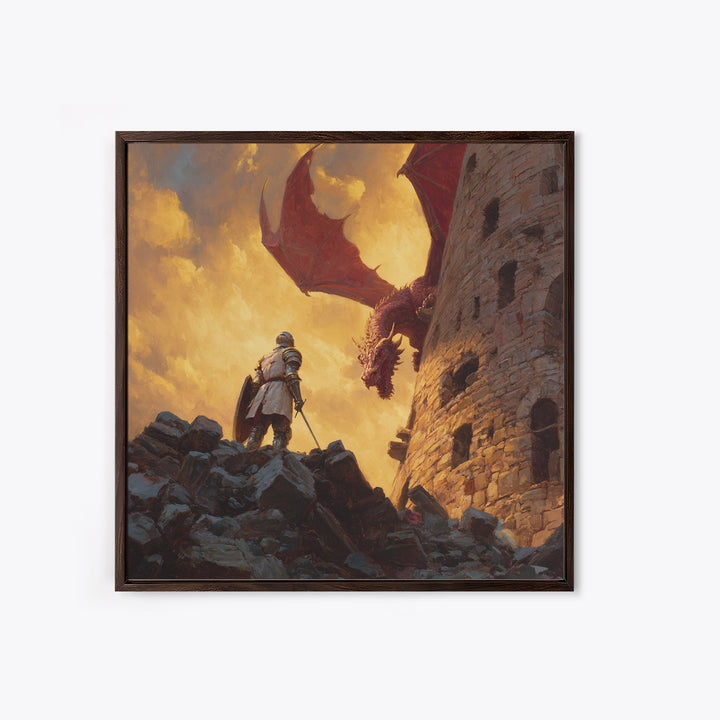 Knight Facing Red Dragon By Castle Tower Framed Canvas Print, Medieval Fantasy Wall Art, Epic Gaming Room Decor Gift For Him