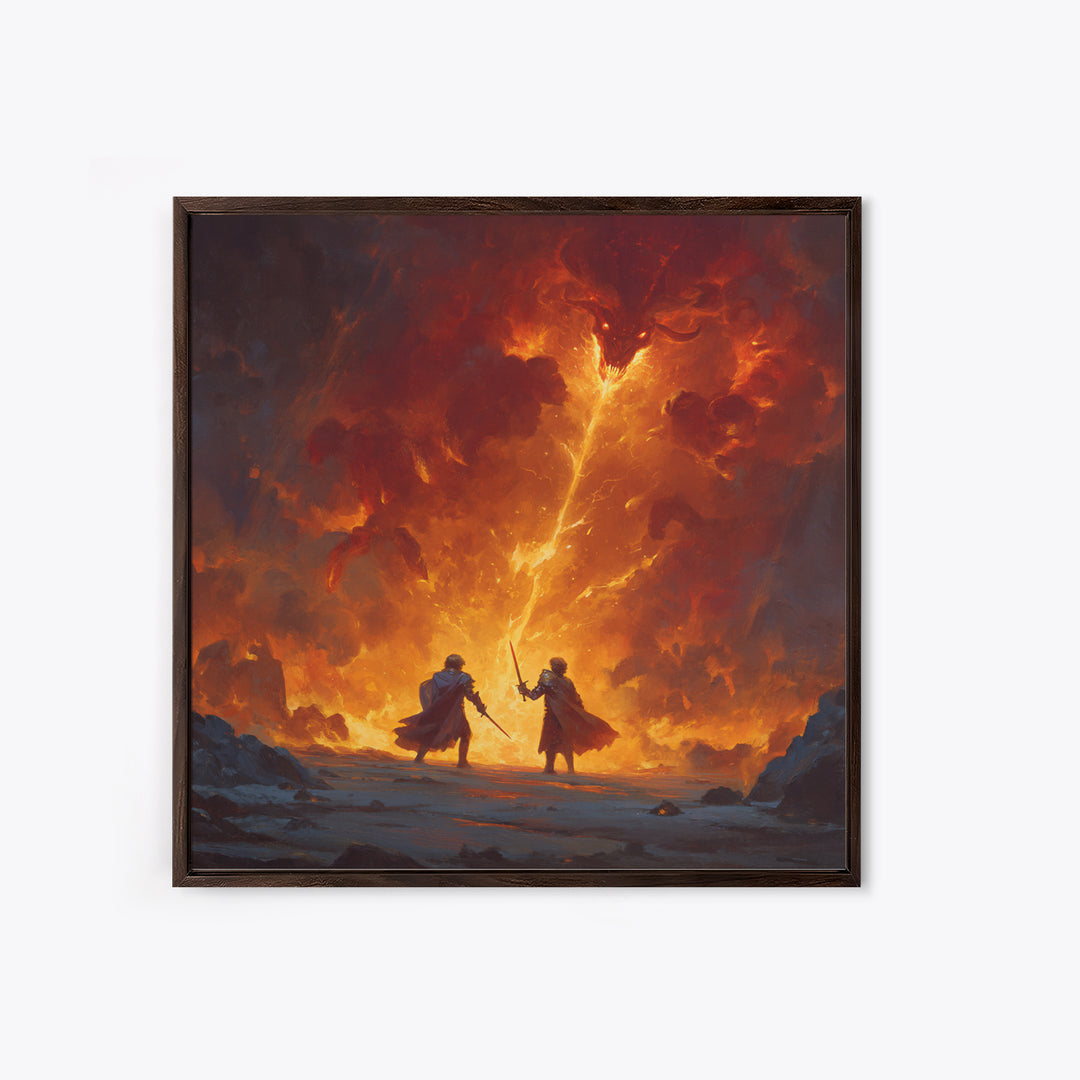 Heroes Battling Fire Demon In Inferno Wall Art, Dark Fantasy Canvas Print, Epic Dungeons And Dragons Gaming Room Decor Gift