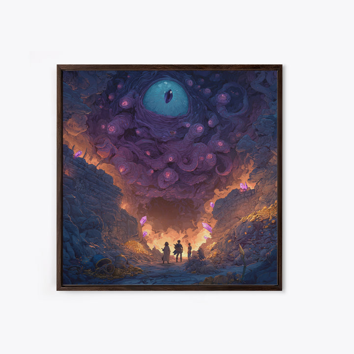 Adventurers Beneath Giant Cosmic Eye Canvas Print, Surreal Dark Fantasy Wall Art, Dungeon Cave Gaming Room Decor Gift For Him