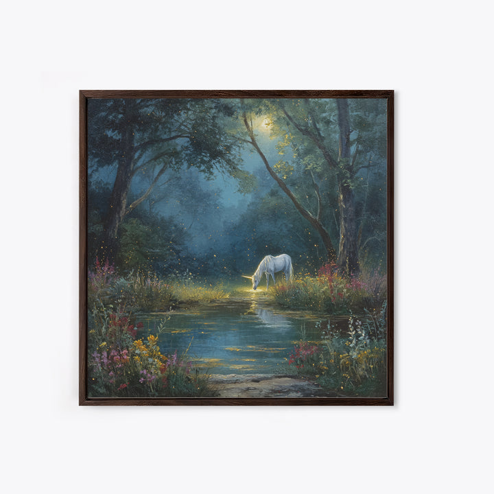 White Unicorn By Moonlit Forest Stream Wall Art, Enchanted Woodland Fantasy Canvas Print, Dreamy Nursery Decor Gift For Kids Room