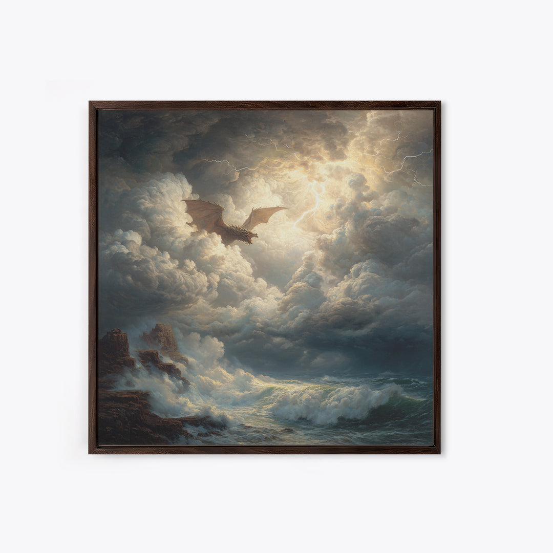 Dragon Flying Through Lightning Storm Over Ocean Wall Art, Dark Fantasy Seascape Canvas Print, Nautical Gothic Decor Gift